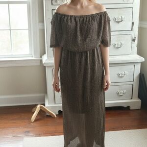 MINKPINK Off-Shoulder Shimmer Brown Dress